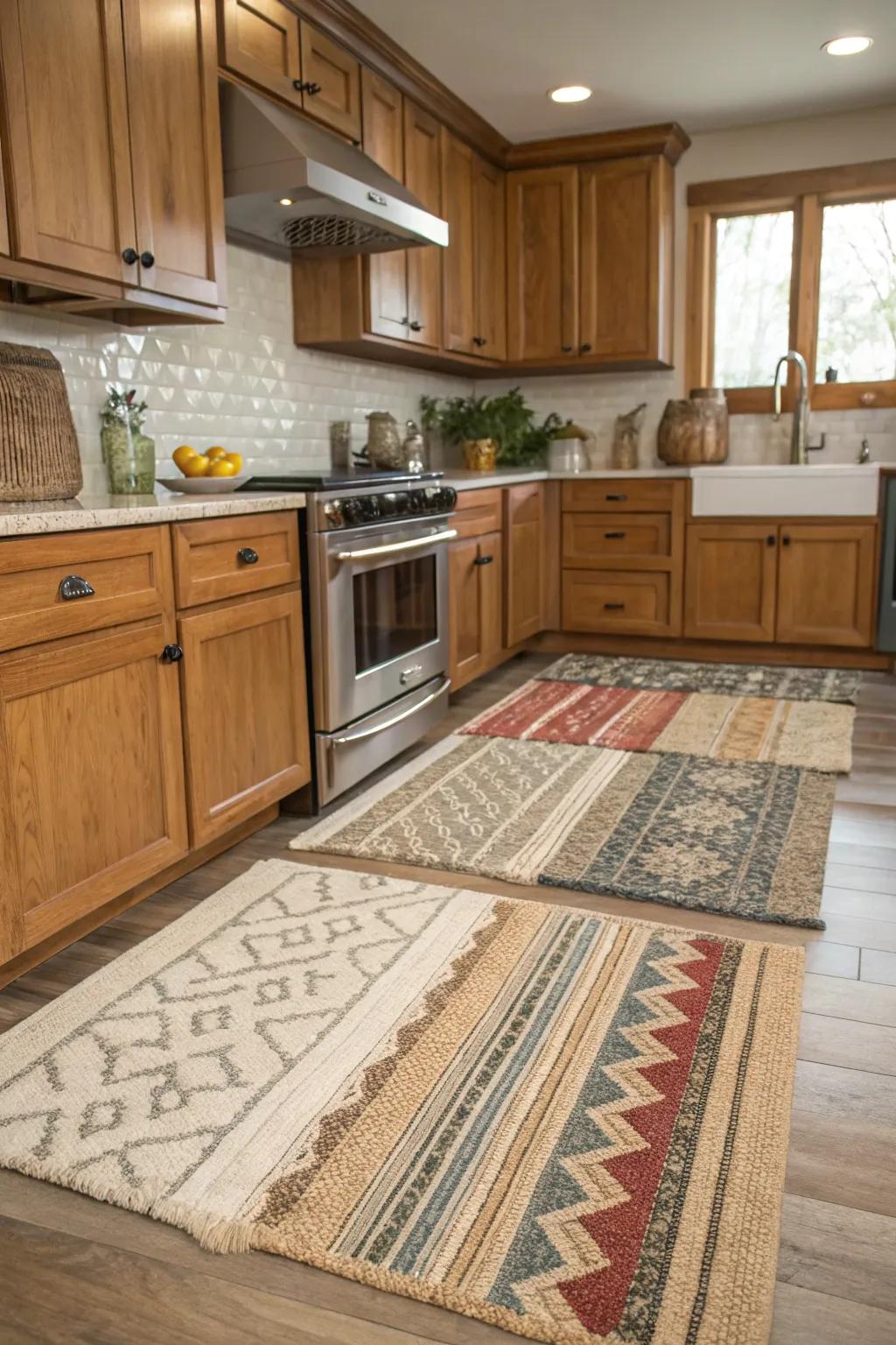 Tiering rugs adds richness and texture to kitchen spaces.