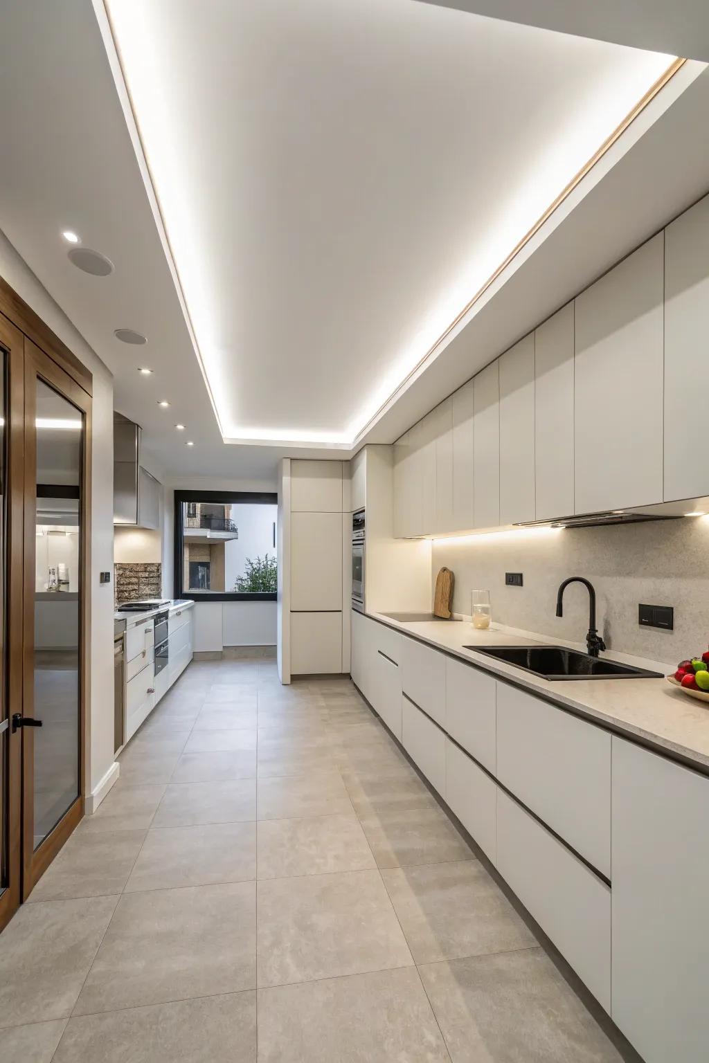 A minimalist soffit that blends with the ceiling, producing a clean and modern kitchen style.