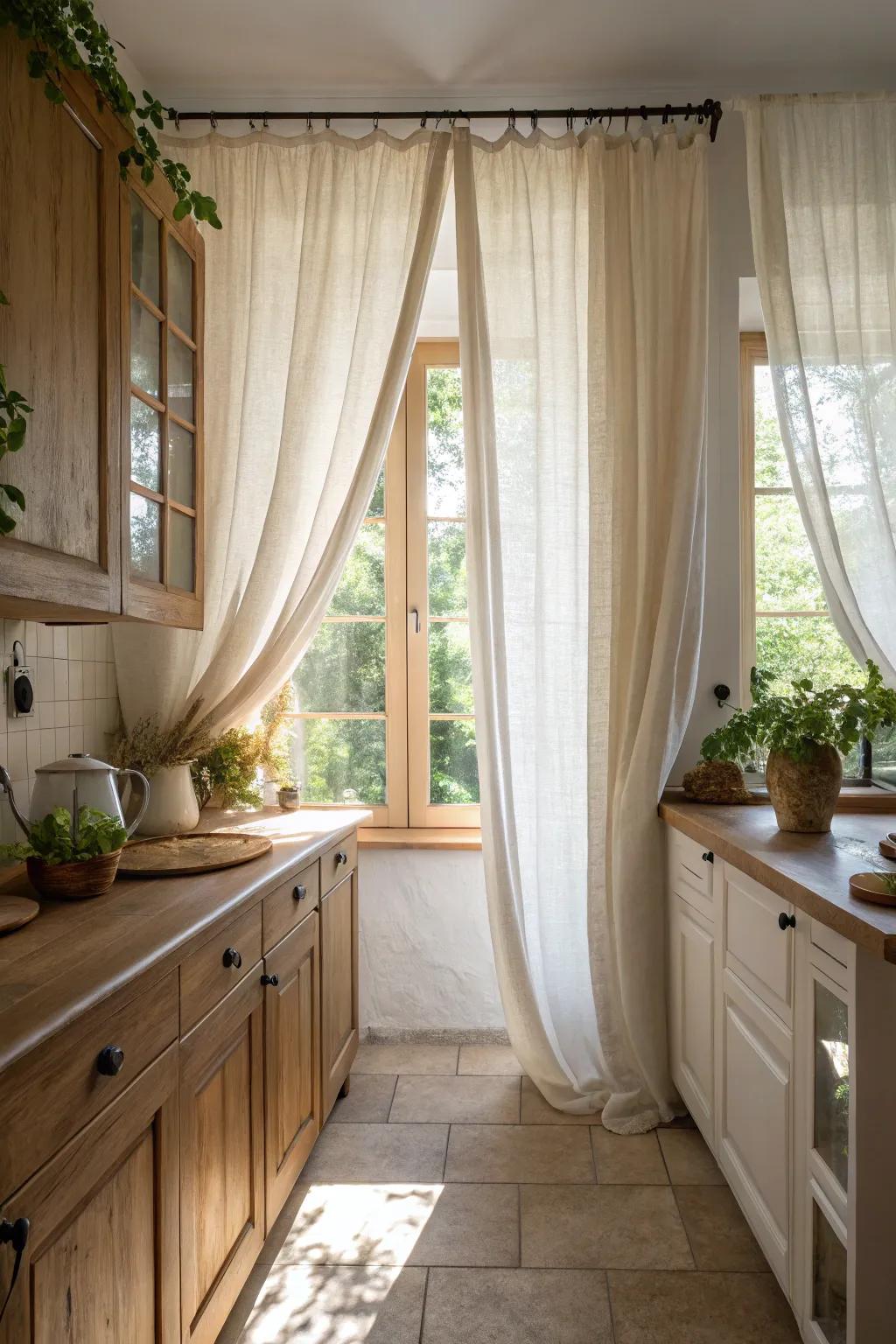 Linen curtains introduce softness and sophistication to kitchen windows.