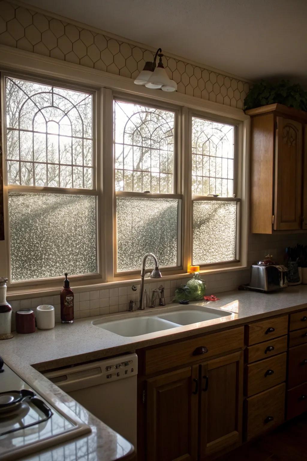 Designed glass windows offer light and privacy to a kitchen.