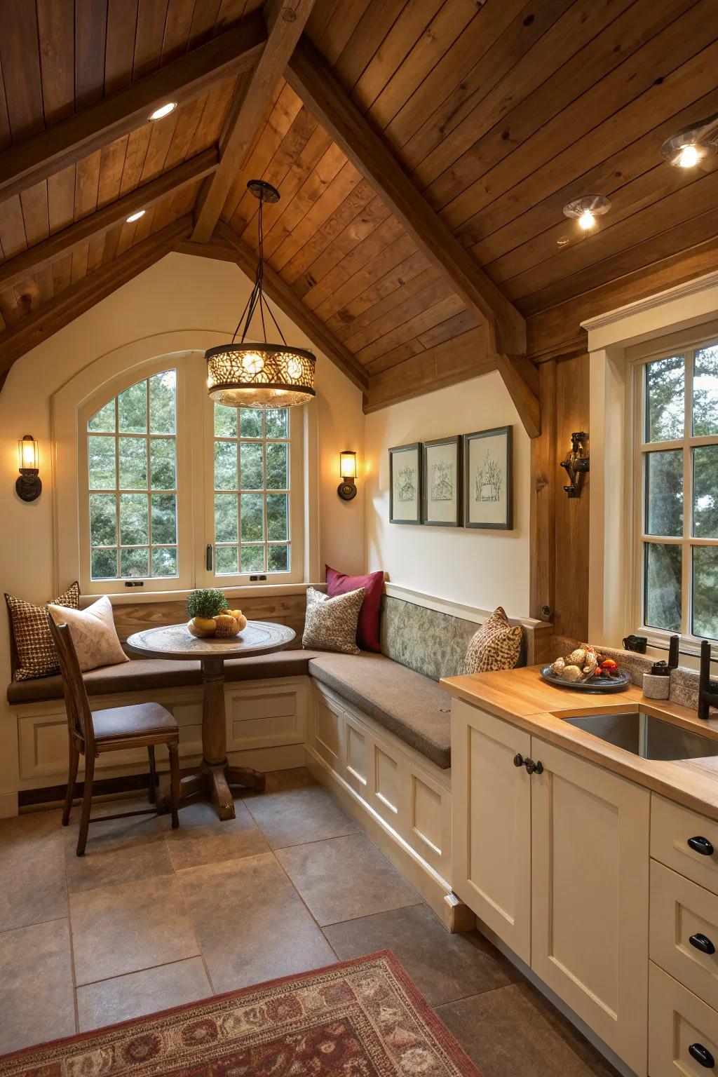 A cozy nook offers a perfect spot for relaxation in this welcoming kitchen.