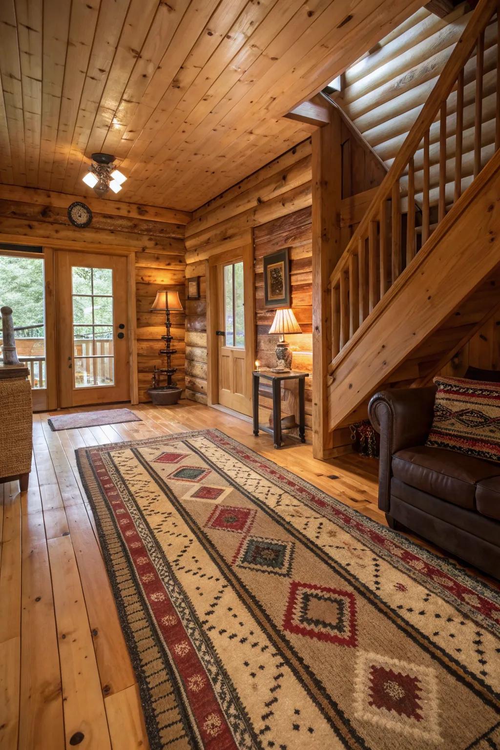 Layered floor coverings providing warmth and comfort in the cabin.