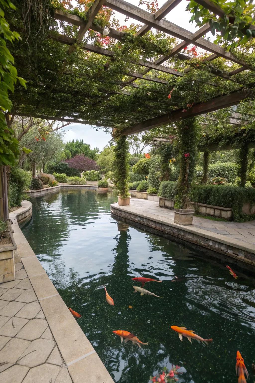 A koi pond shaded by a vine-covered overhead frame.
