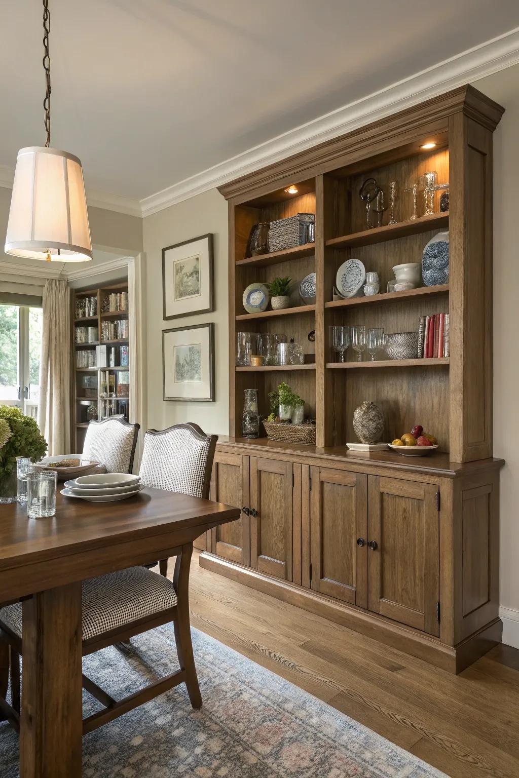 Built-in storage helps maintain a tidy and elegant dining area.