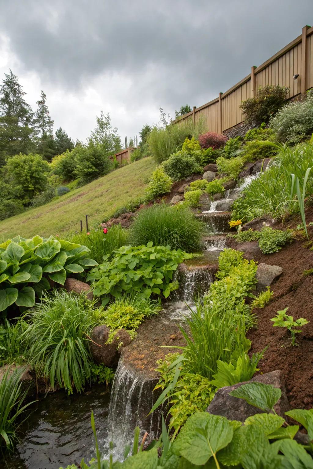 Rain gardens manage water and add lush beauty to slopes.