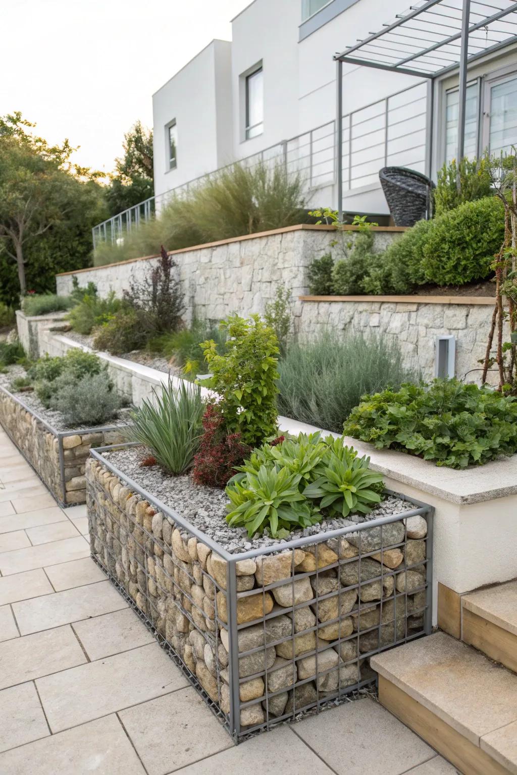 Rock-filled wire cage raised beds combine modern looks with useful drainage.