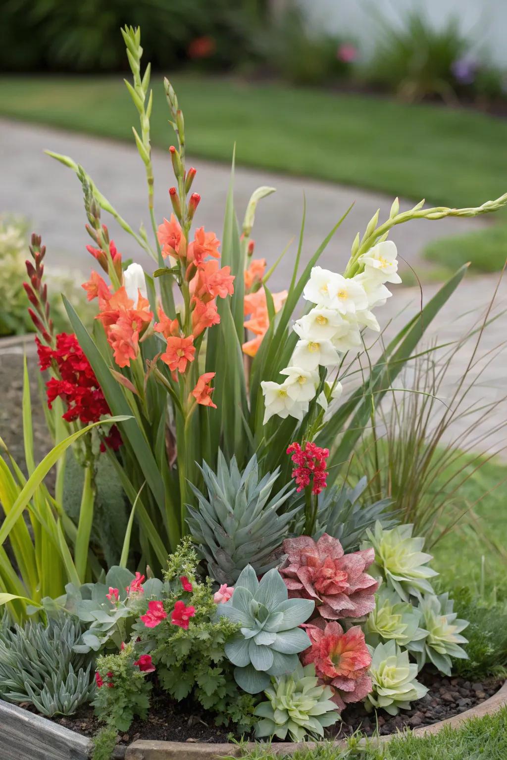 Gladiolus blended with unique elements such as grasses and succulents.