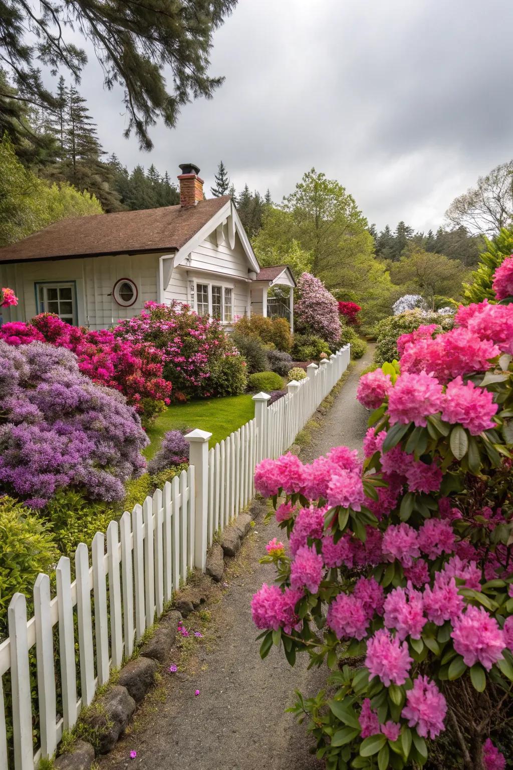 A dreamy quaint garden showcasing rhododendrons and roses.