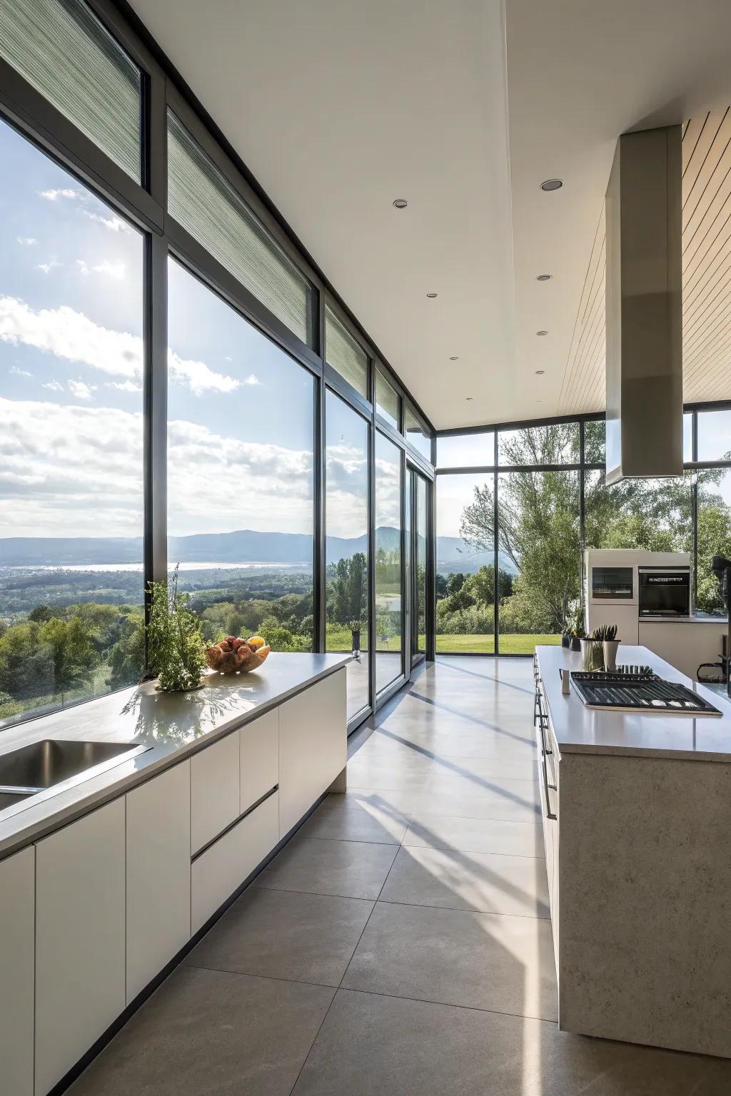 A kitchen designed with floor-to-ceiling glass panes for ample natural light.