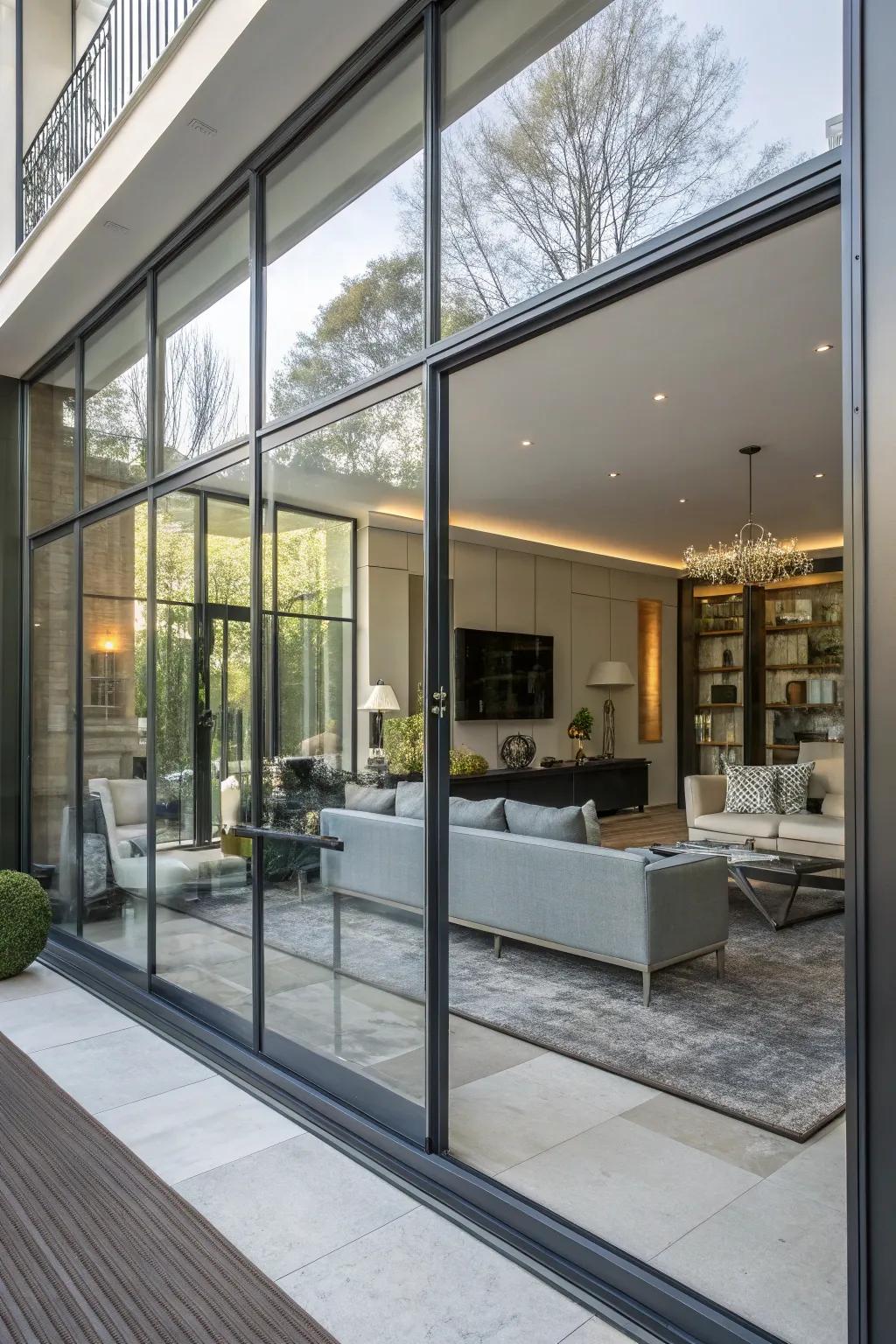 Mirror-effect windows creating intriguing reflections in the living room.