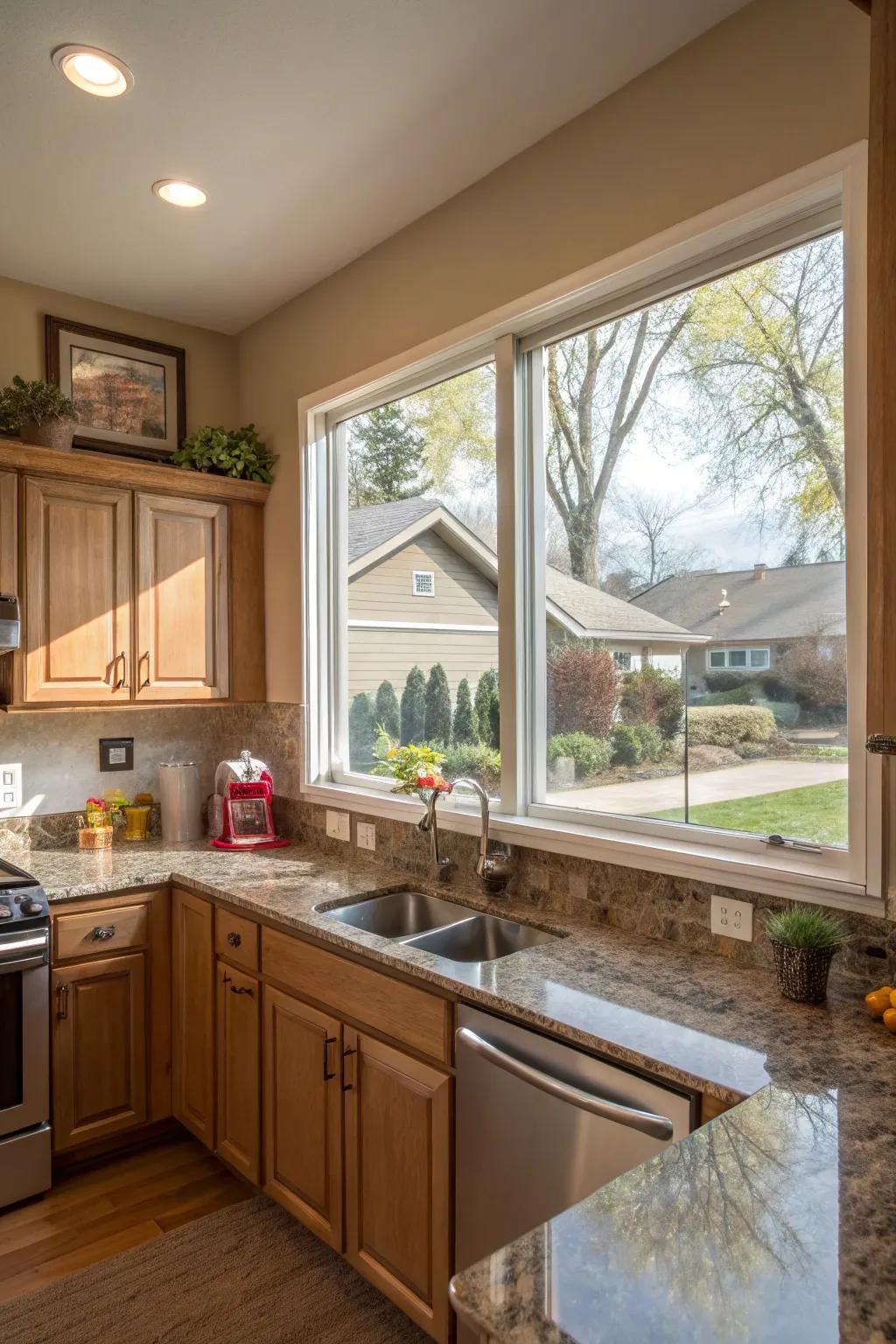 A corner window in a kitchen capturing views from various directions.