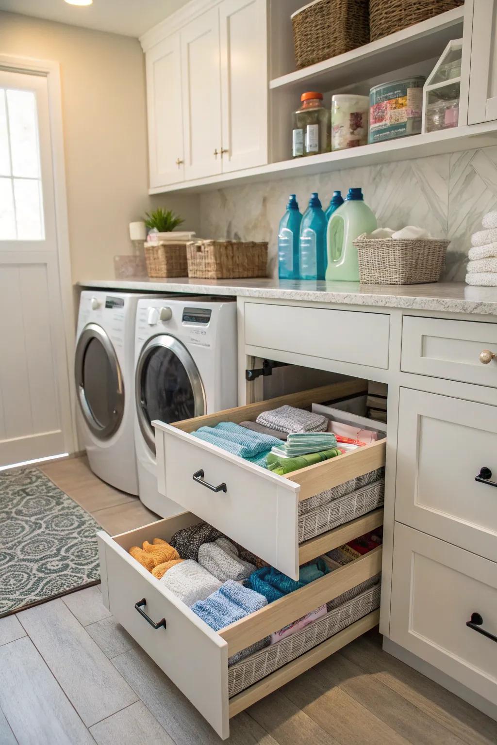 Pull-out drawers offer organized and accessible storage.