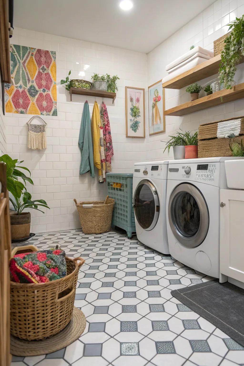 Hexagonal tiles add an unexpected twist to the laundry room.