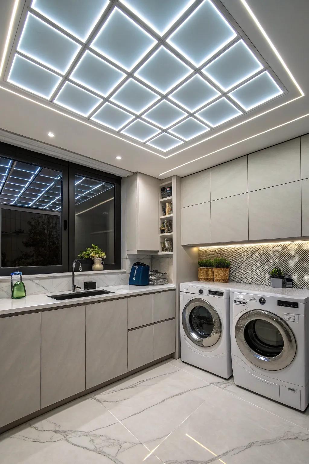 Glowing ceiling panels bring a futuristic feel to your laundry area.