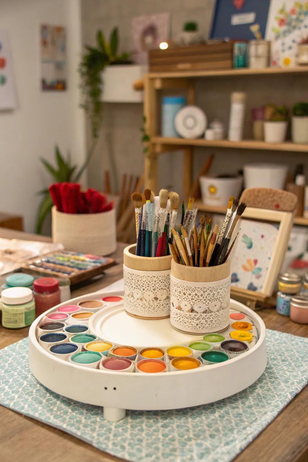 A well-organized crafting corner with a rotating tray.