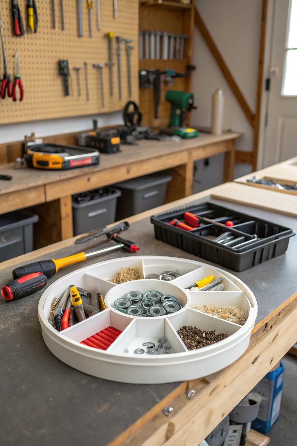 Keep your garage organized with a spinning organizer for tools.