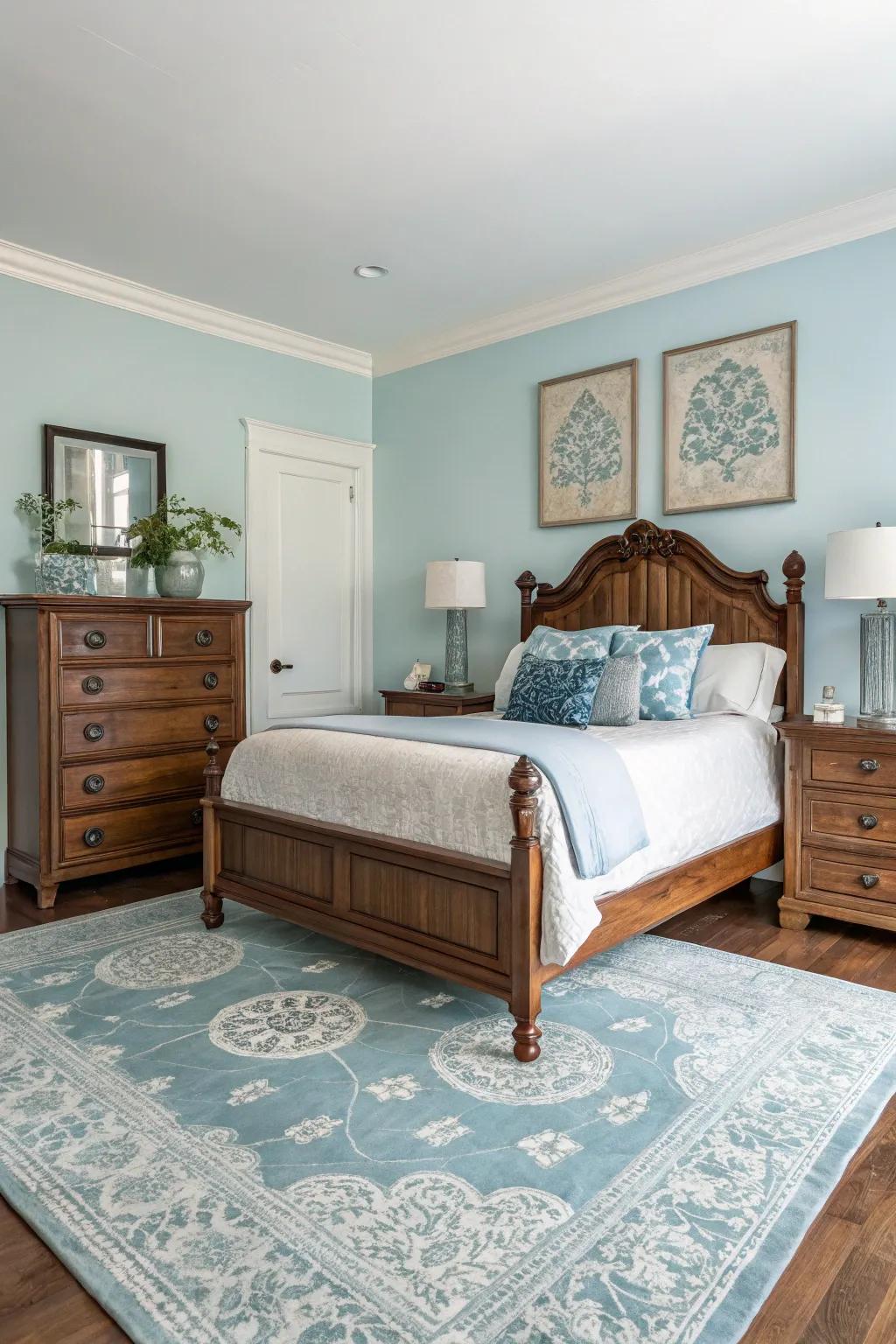 A bedroom blending traditional furniture with modern pale blue tones for a balanced look.