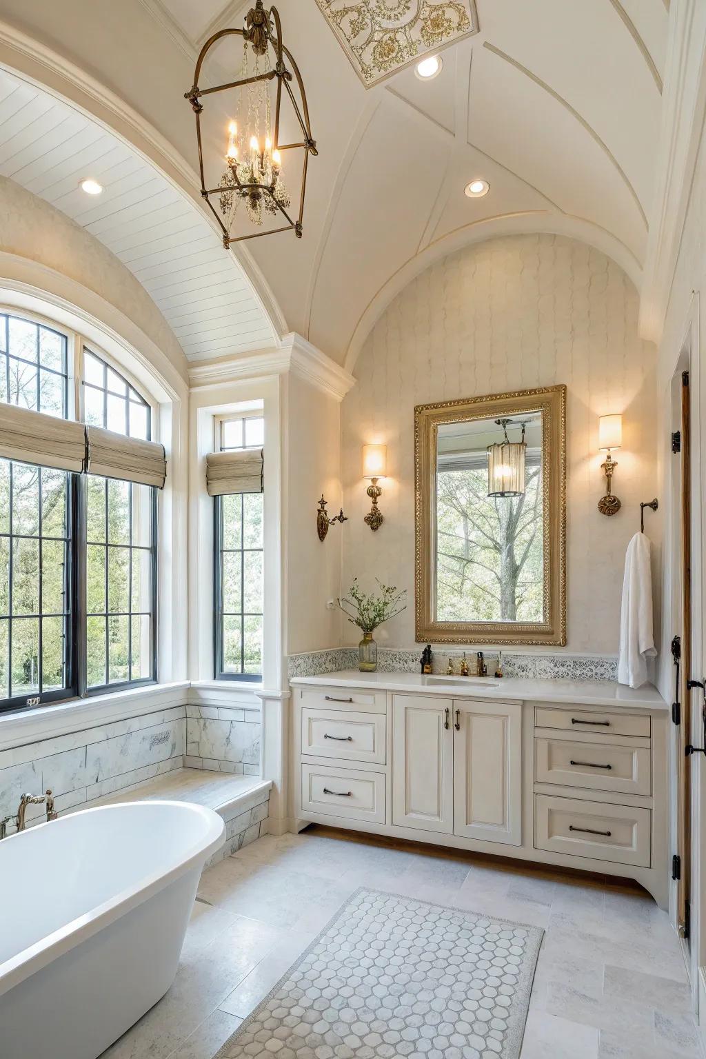 A bright color statement wall creates a bold focal point in the bathroom.