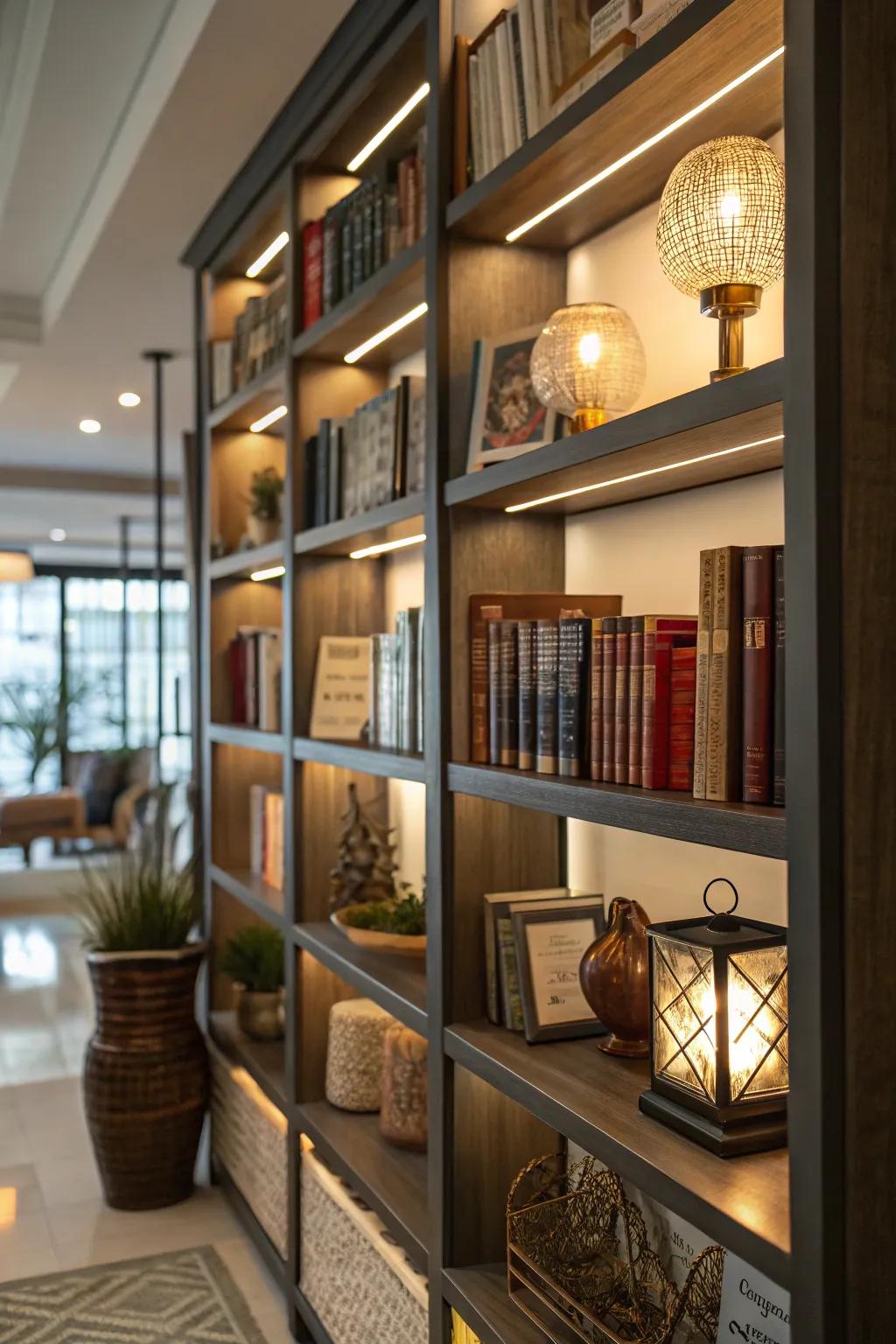 Shelving enhanced by the warm glow of lights.