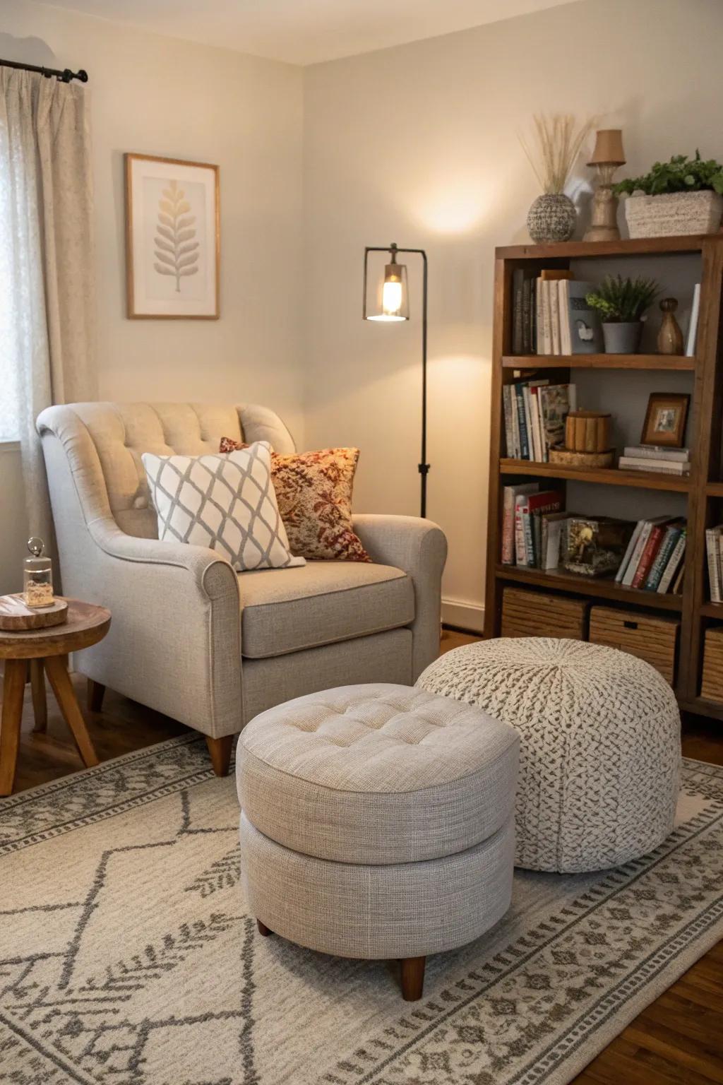 Cozy corners create an inviting atmosphere with a pale stone sofa.