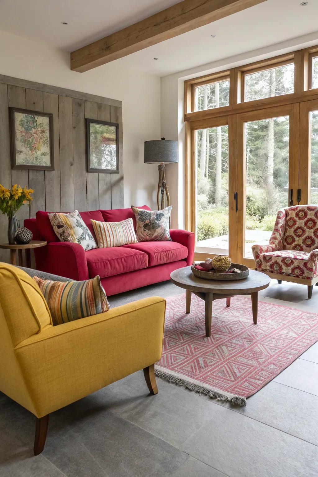 A stylish living area with light grey flooring and bold furniture.