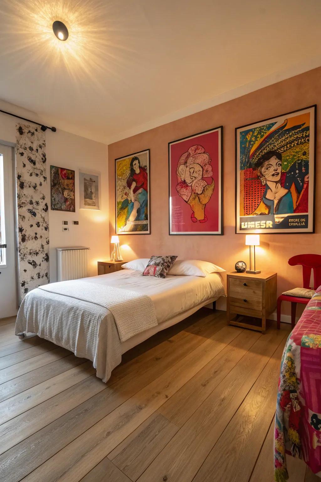 Bold artwork adding personality to a pale timber floor sleeping quarter.