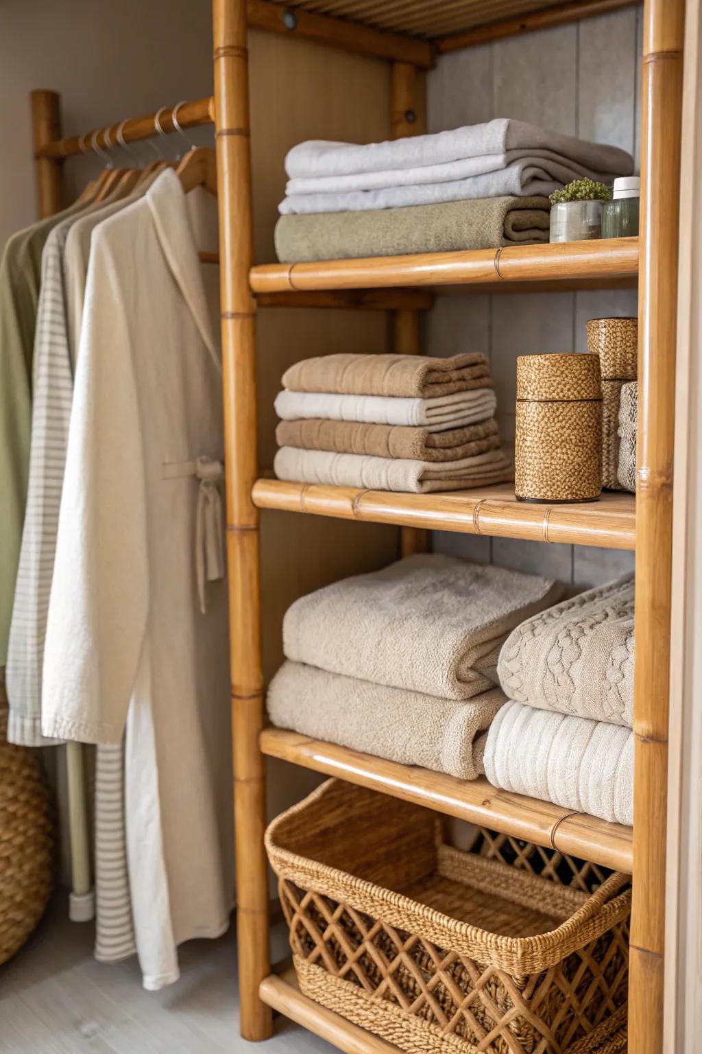 Eco-conscious cane shelves add warmth and sustainability.