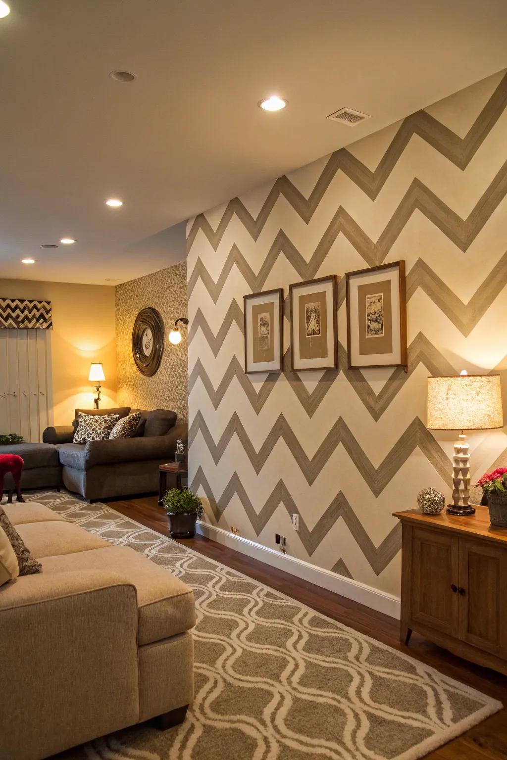 A chevron pattern introduces dynamic movement to this living room's feature wall.