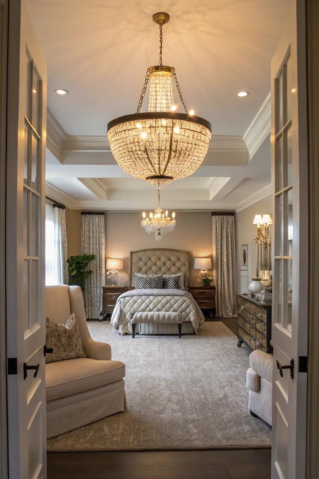A statement lighting piece elevates the room's ambiance.