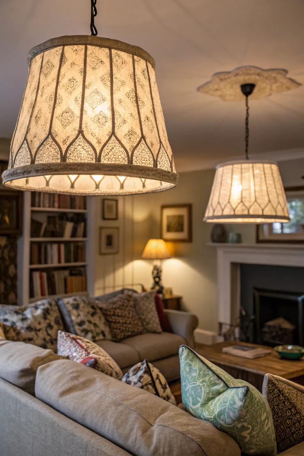 Linen shades cast a gentle, cozy light.