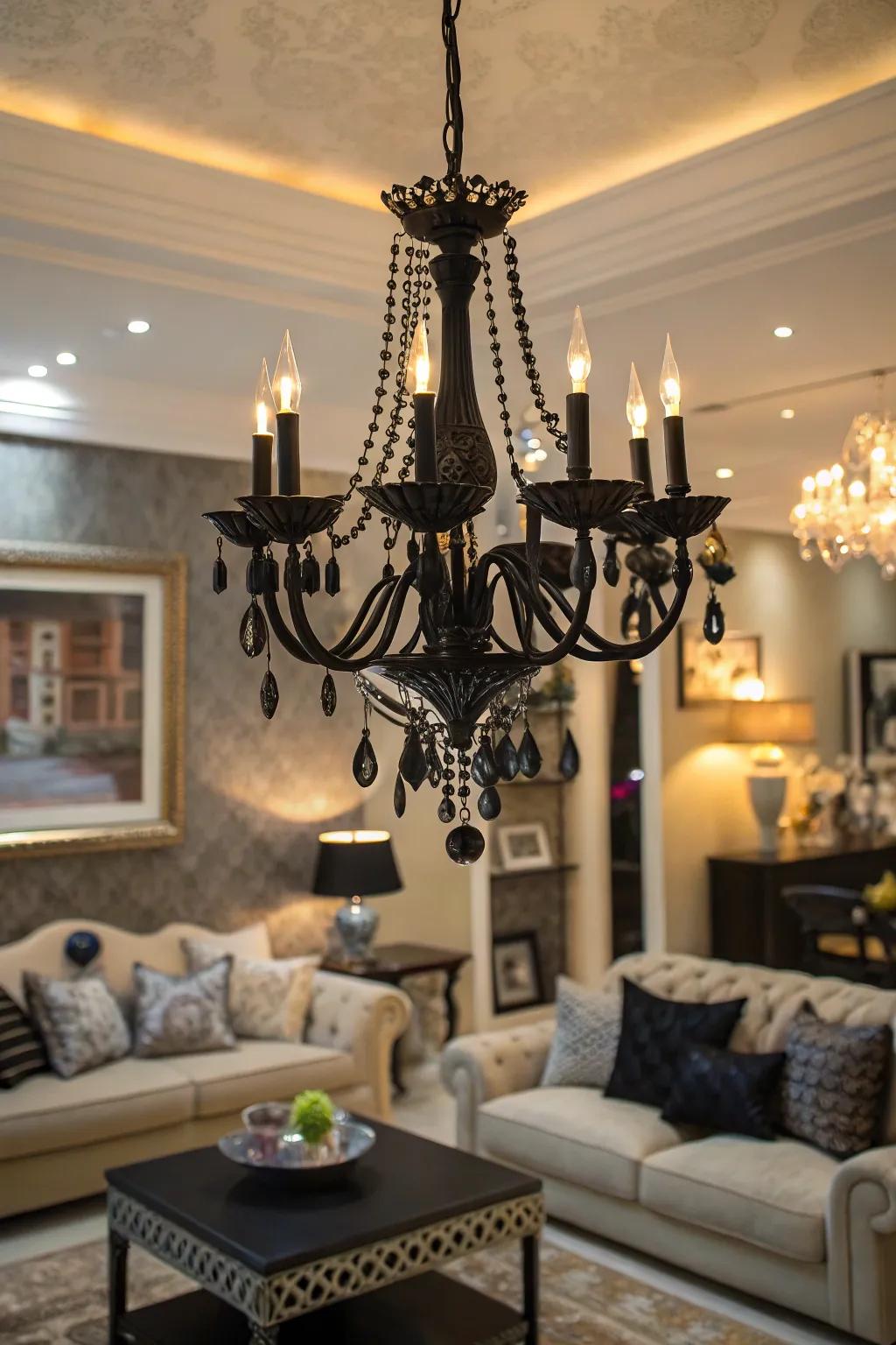 A living room featuring a deep chandelier as a dramatic focal point.