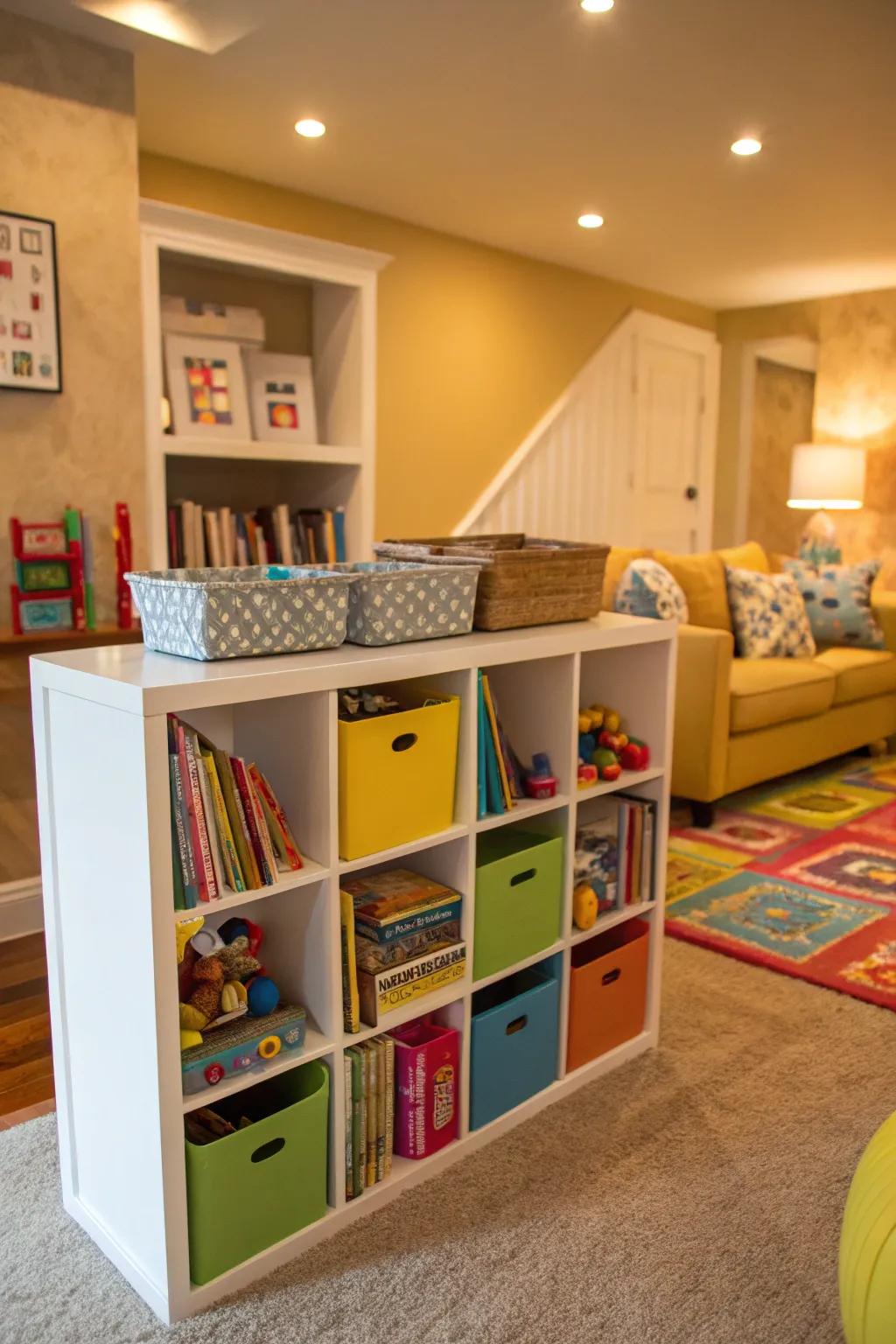 An interactive kid’s corner using cube storage for fun and learning.