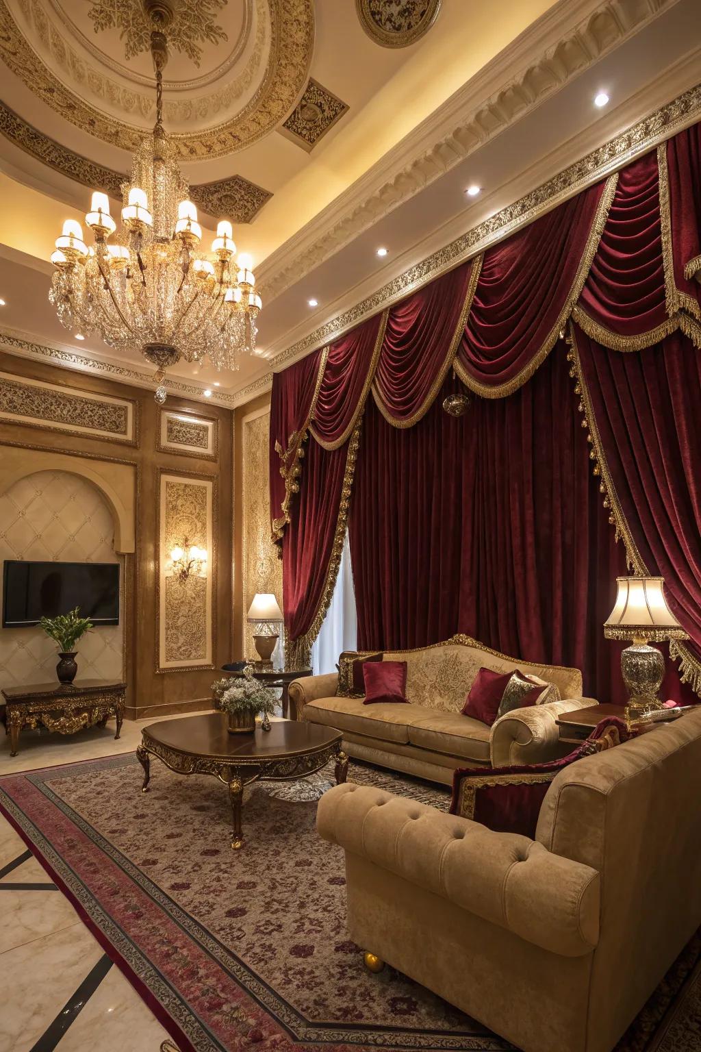 Plush material curtains introduce opulence and extravagance.