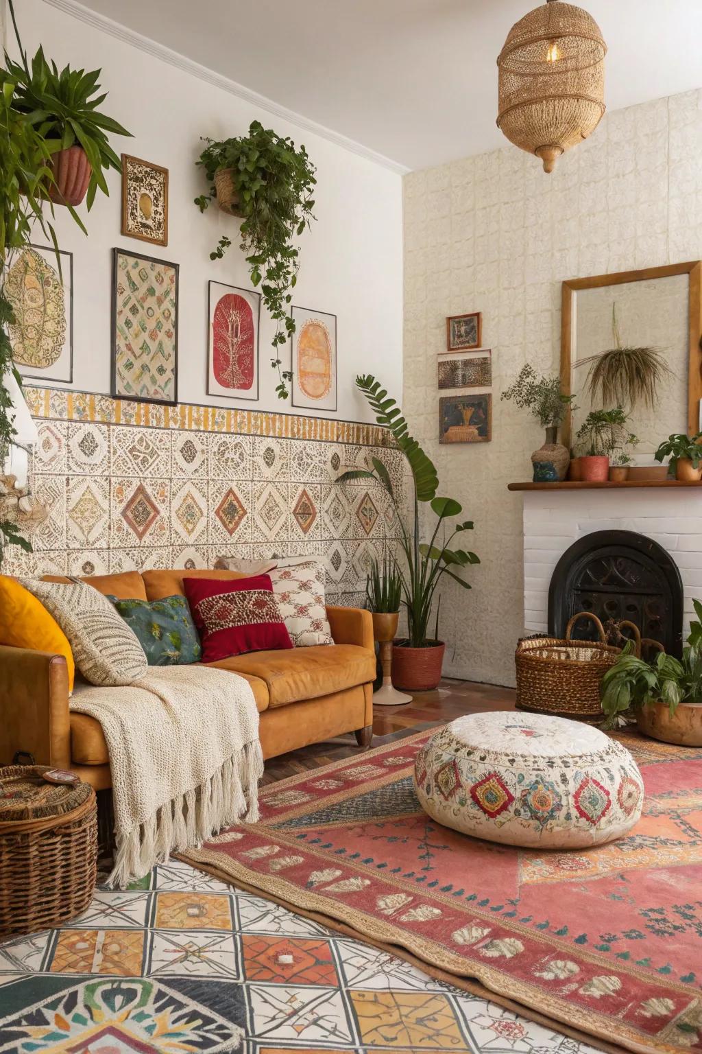 Unique living area with boho tile designs.