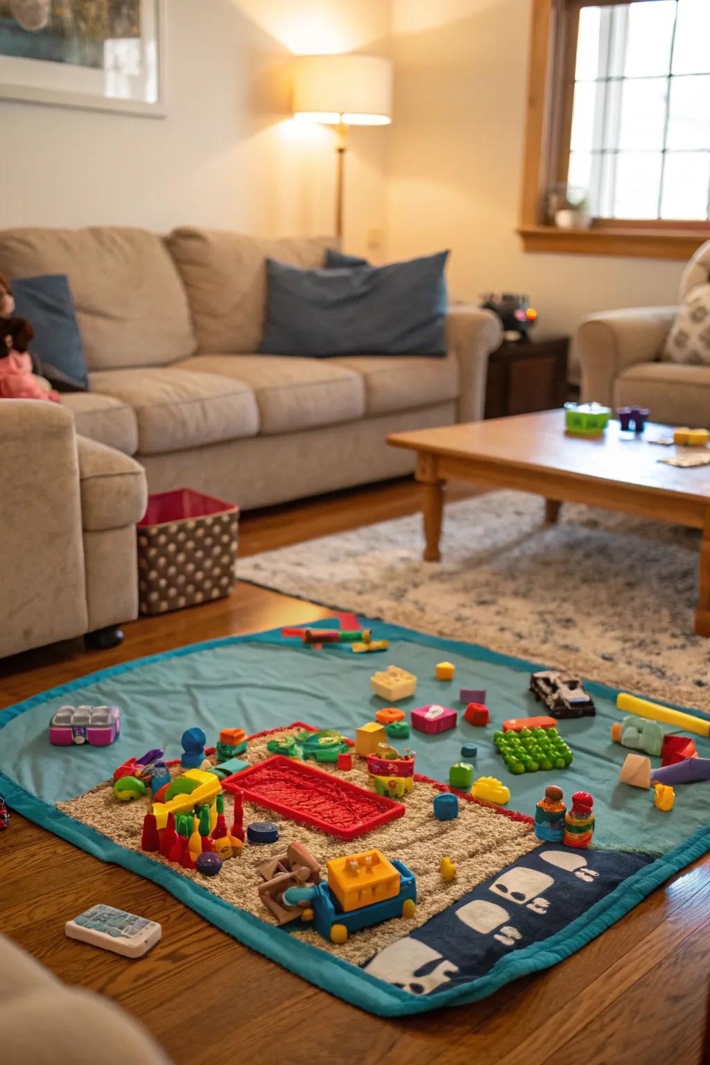 Toy mats simplify tidying up and keep pieces together.