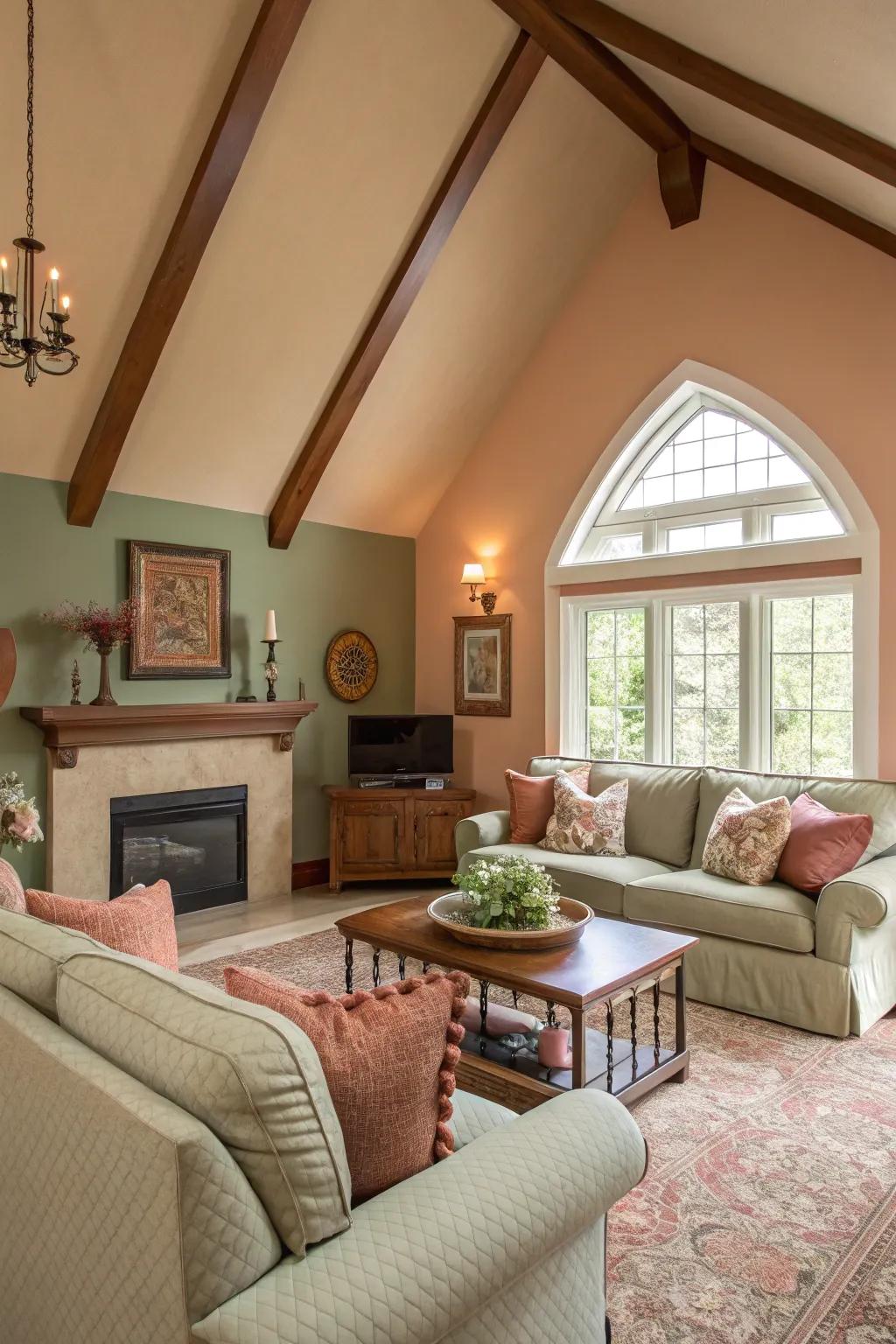 An inviting color scheme brings coziness to a living area with a high ceiling.