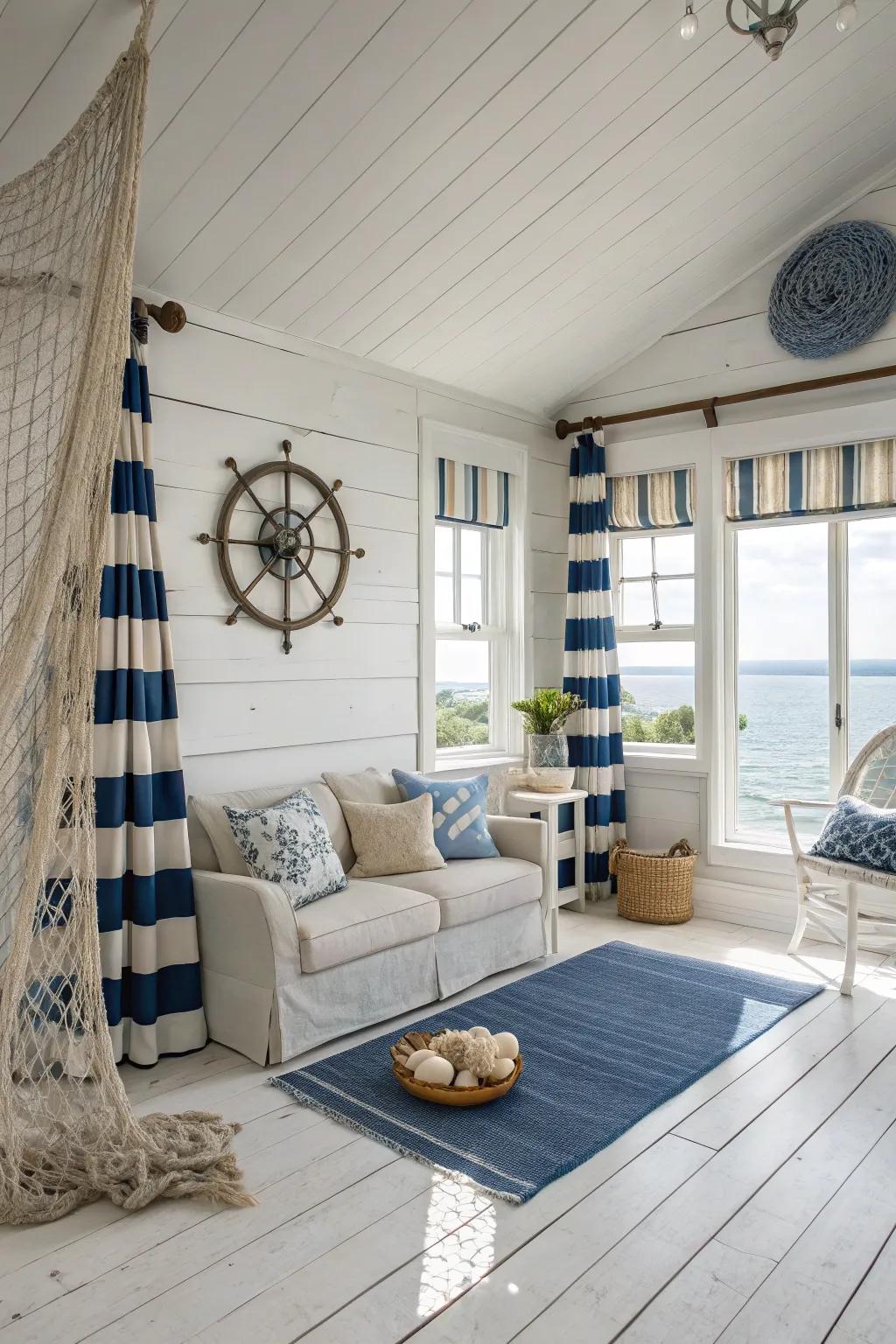 Coastal inspiration gives a serene beachside vibe to bright hardwood floors.