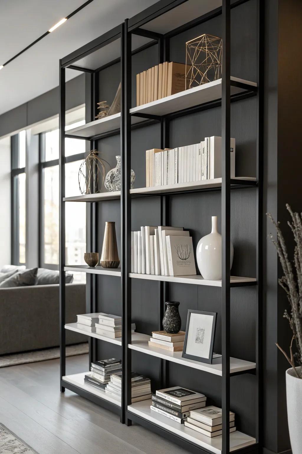 Adopting a monochromatic theme builds a sleek, ultramodern bookshelf design.