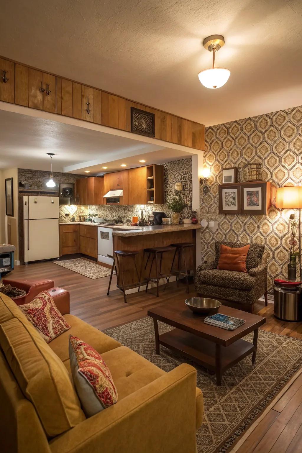 A lowered lounge area offers a unique, intimate seating option.