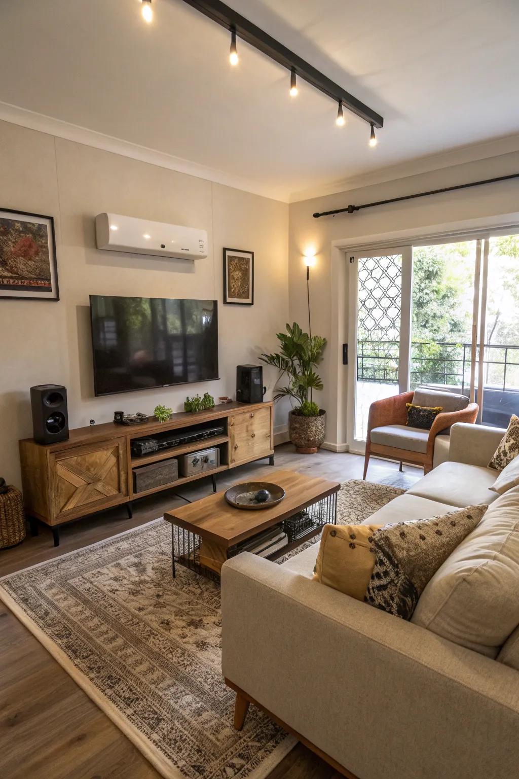 Adaptable furniture allows for setups.