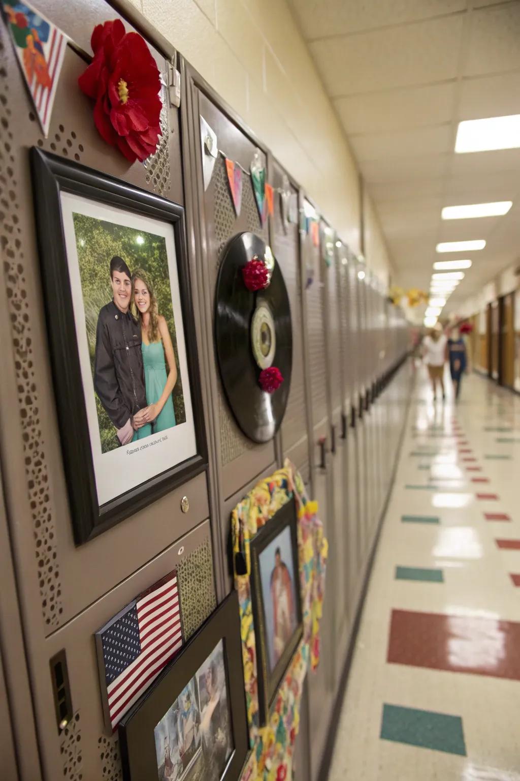 A locker showcasing personal snapshots in affixable picture displays.