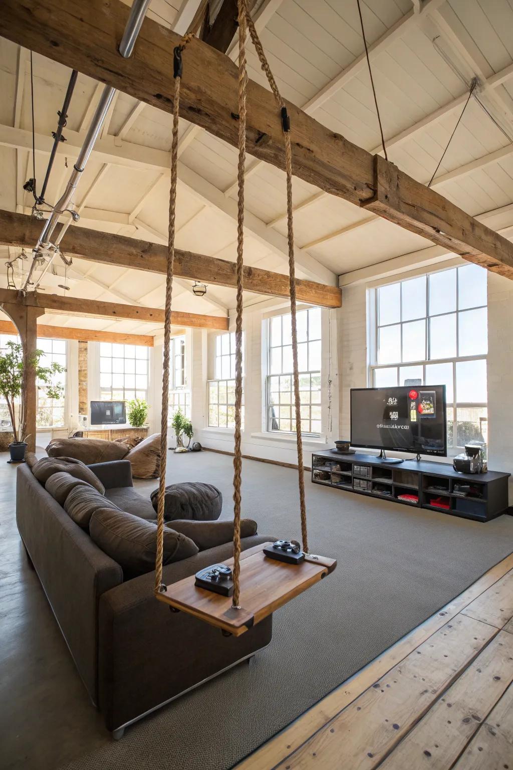 An indoor swing adds a playful and relaxing touch to the game room.