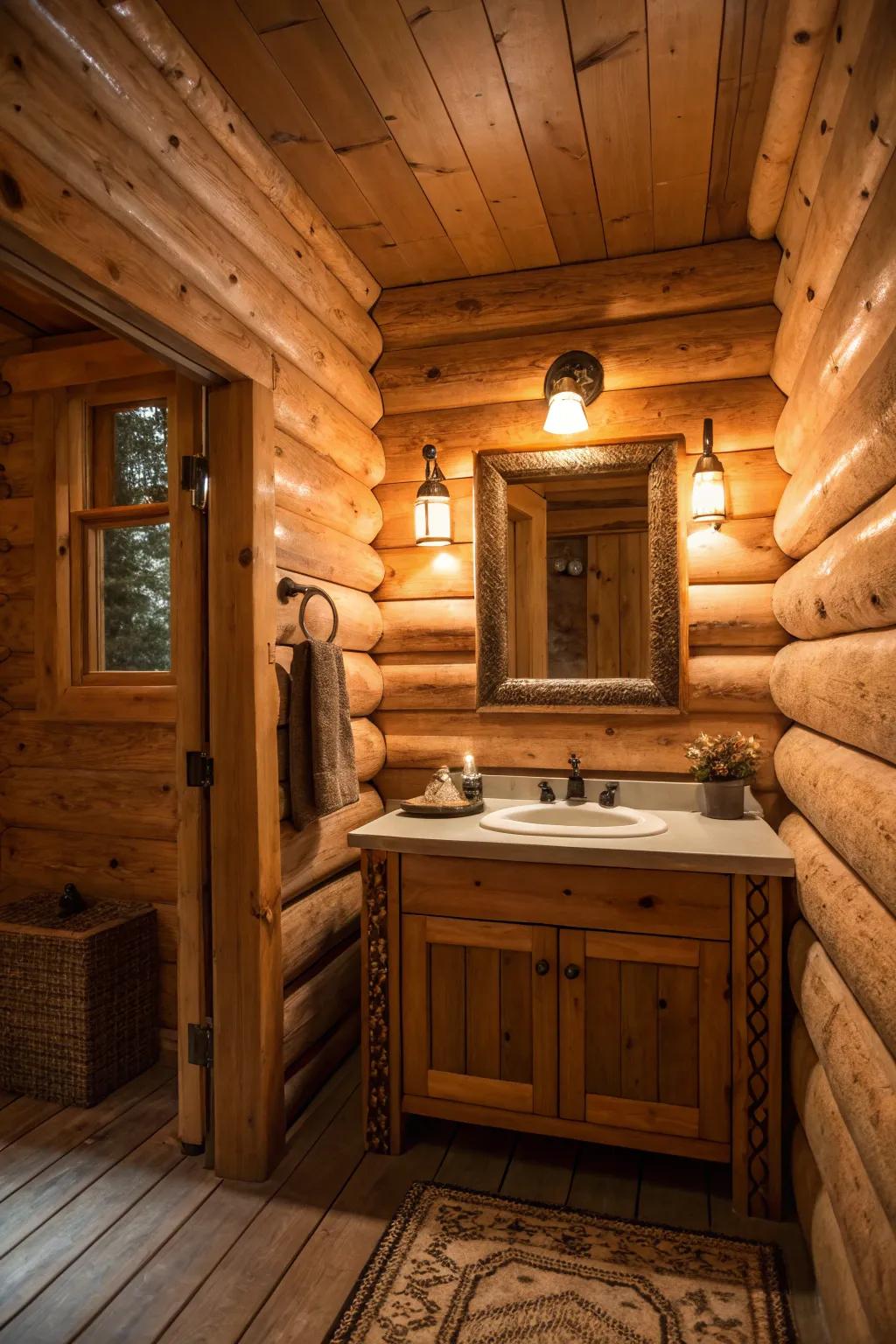 A log cabin bathroom with cozy, adjustable lighting.