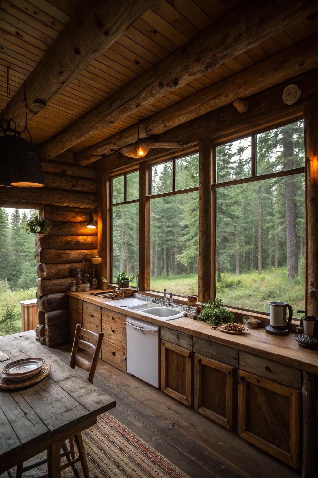 A large window provides stunning views and natural light in this kitchen.