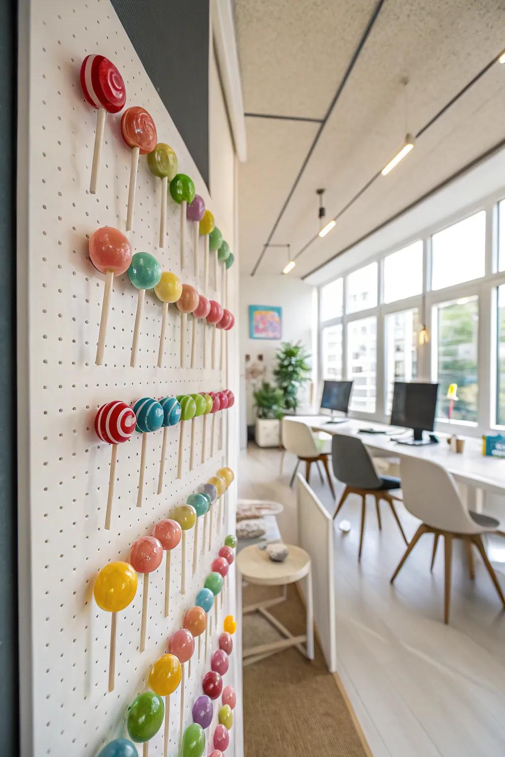 Wall-mounted displays turn lollipops into eye-catching wall art.