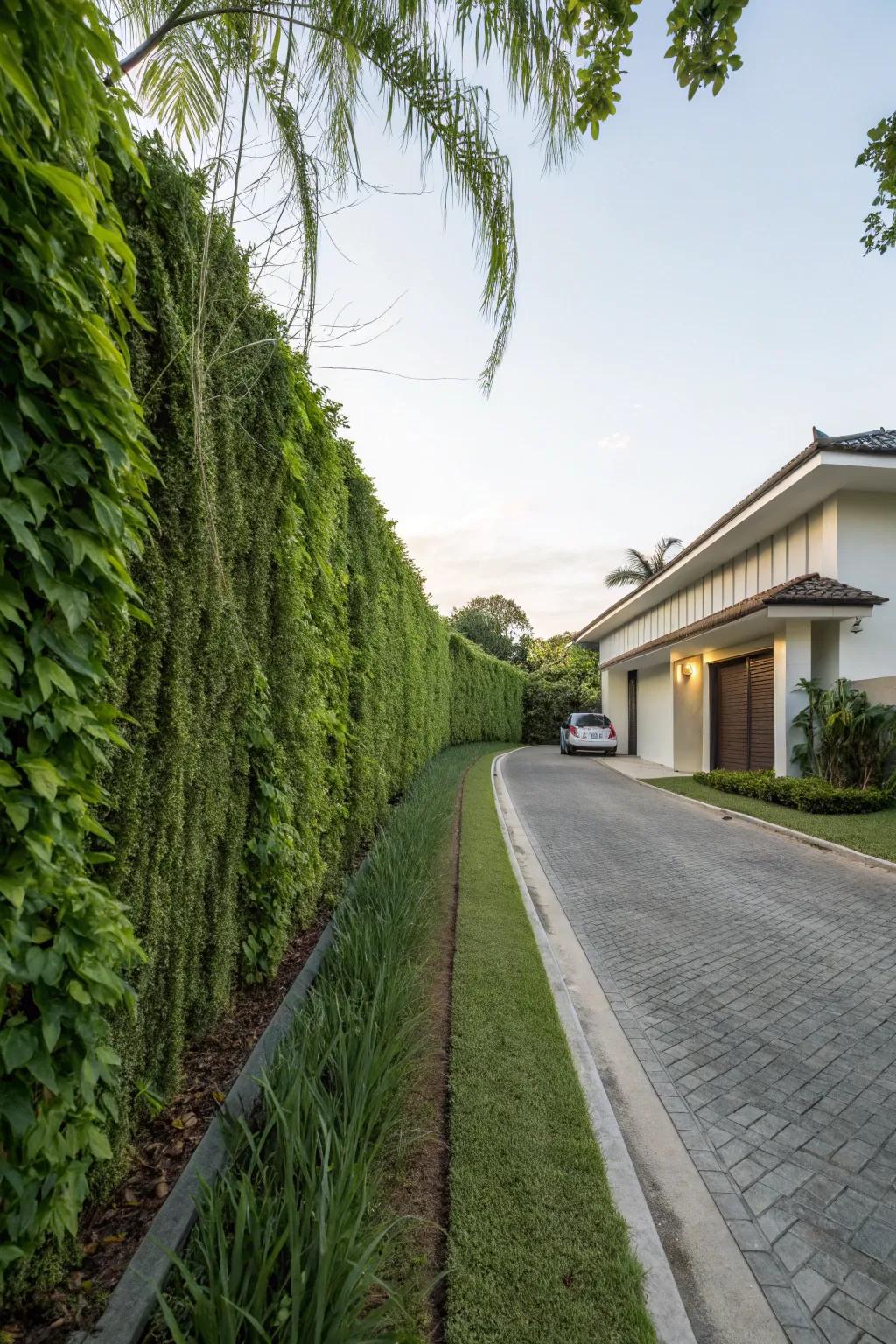 A green wall adds a rich, green feel to the driveway landscape.