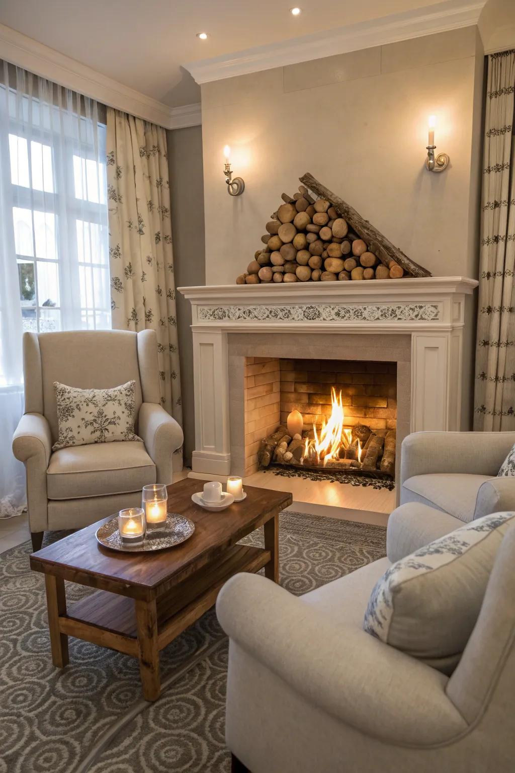 A fireplace enhances the living room's coziness and serves as a warm focal point.