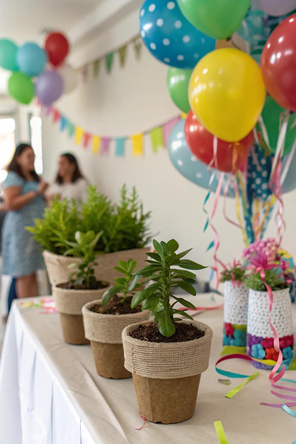 Eco-friendly favors, like plants, are sustainable and memorable.