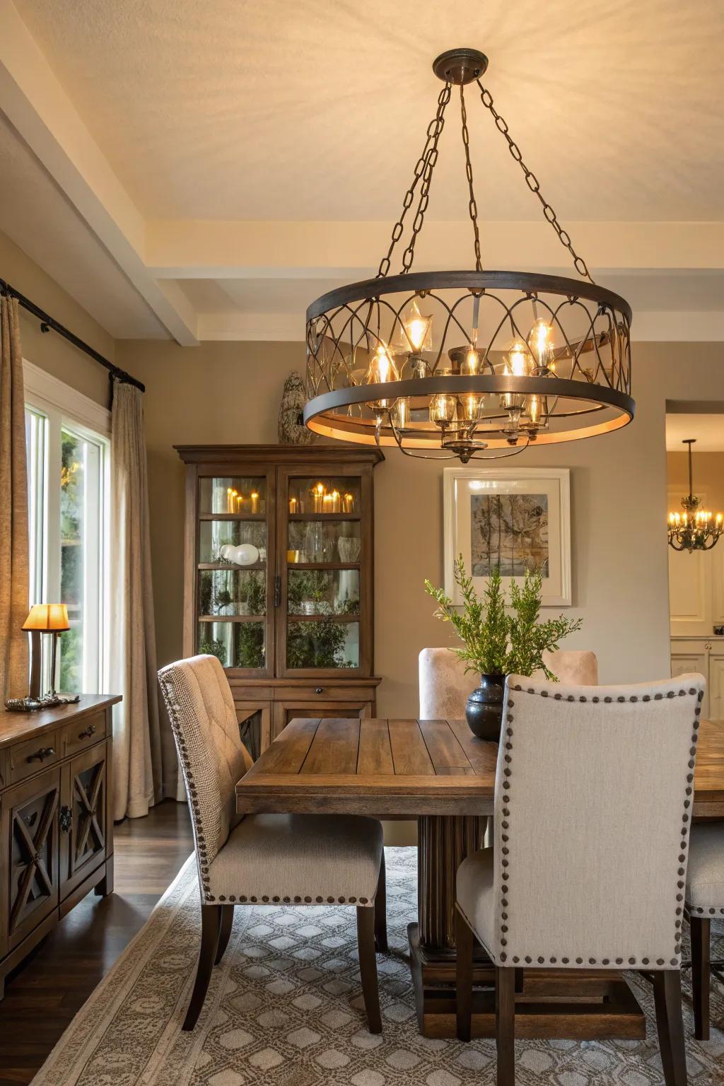 A mixed metal lamp adds texture within a dining room.