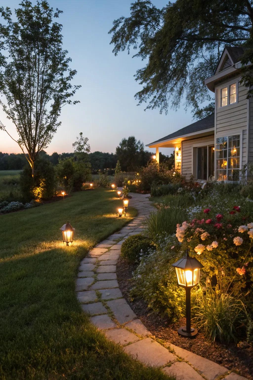 Outdoor lighting creating an inviting and safe ambiance in the yard.
